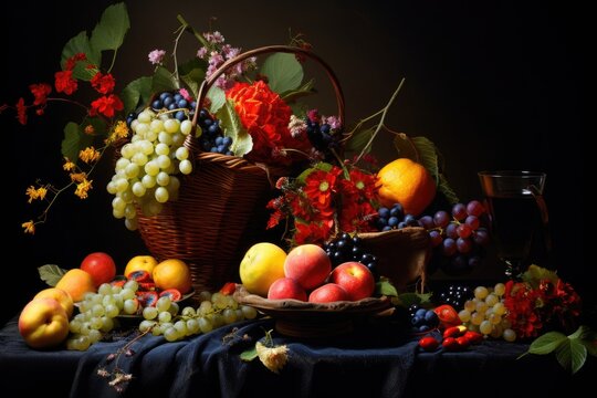 still life with fruits and flowers