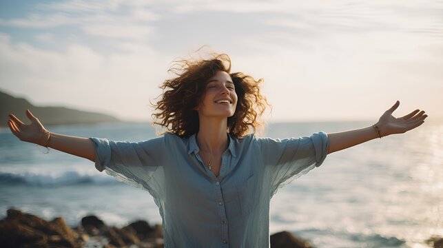 Woman with arms outstretched facing the ocean. expression of freedom, hope, passion, and unity with nature. generative AI