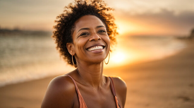 Happy Beautiful Mature Woman Smiling In A Field By The Sea, At Sunset, Lovely Happy Black Woman Enjoying A Sunny Day Outside, Concept Of Freedom And Well-being Of A Confident Woman, Space For Text