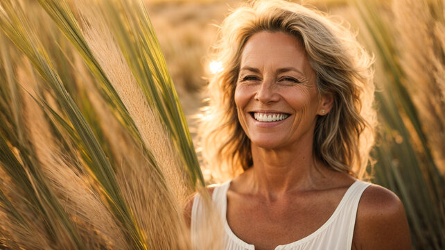 Happy beautiful middle aged woman smiling in a wheat field at sunset, lovely happy caucasian woman enjoying sunny day outside, Freedom and well-being concept with confident woman
laughing in nature