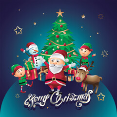 christmas card with santa claus, elfs, reindeer and snowman on a christmas tree