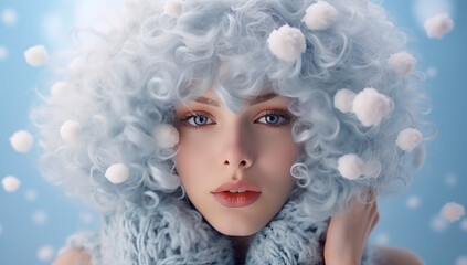 Portrait of a beautiful young girl with snowfall and snowflakes in the background. Concept of fashion, winter, beauty.