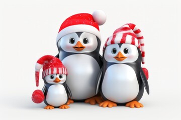 Cute Penguin Family dressed with christmas attire 3D Illustration Generative Ai