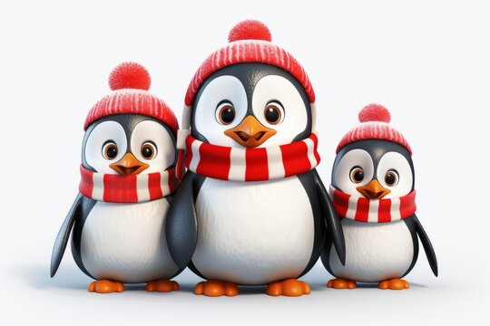 Cute Penguin Family dressed with christmas attire 3D Illustration Generative Ai