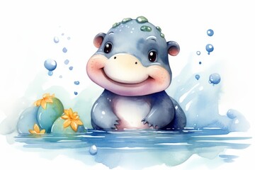 Watercolor Drawing of a happy Hippo playing in the water Generative Ai