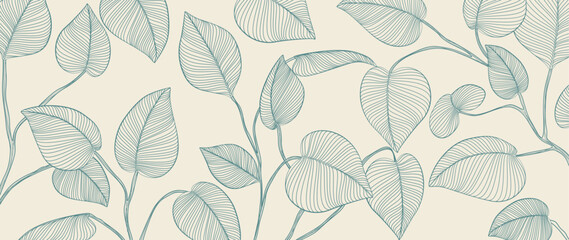 Abstract botanical background with hand drawn tropical leaves in line art style. Vector banner with exotic leaves for decoration, print, wallpaper, packaging, textile, interior - 676601060