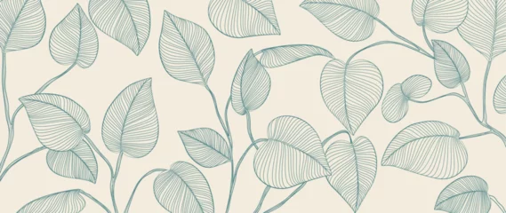 Foto op Canvas Abstract botanical background with hand drawn tropical leaves in line art style. Vector banner with exotic leaves for decoration, print, wallpaper, packaging, textile, interior © VectorART