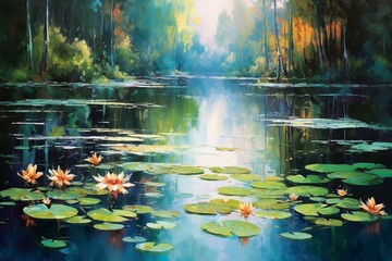 An artwork featuring a serene pond with trees, flowers, and lily pads floating on the water. Generative AI