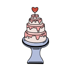 Tiered wedding cake vector icon. Tasty festive pie with cream, decorated with a heart. Fresh baked goods on a stand. Bright pink dessert for marriage, love party. Cartoon doodle clipart