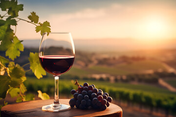 A glass of red wine, rich in color and aroma, held up against a backdrop of a vineyard with rolling hills and rows of grapevines. Ai Generated.NO.01 - obrazy, fototapety, plakaty