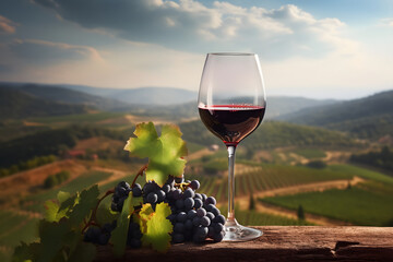 A glass of red wine, rich in color and aroma, held up against a backdrop of a vineyard with rolling hills and rows of grapevines. Ai Generated.NO.0 - obrazy, fototapety, plakaty