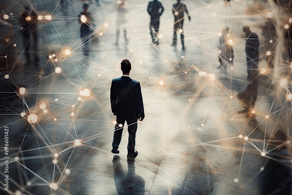 Poster a businessman is passing a person surrounded with network shapes, in the style of soft edges and blu