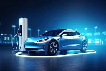 Fototapeta premium Electric car connected to charging station supplier. Charge battery
