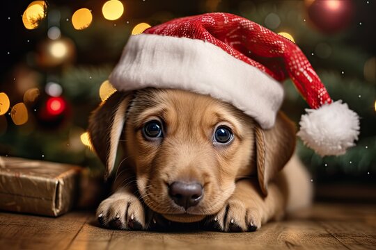 New year present concept. A puppy under the Christmas tree