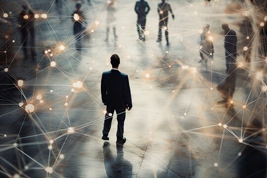 a businessman is passing a person surrounded with network shapes, in the style of soft edges and blurred details