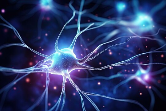 Brain stimulation activity with neuron close-up microscpoe illustration. Neurology, cognition, neuronal network