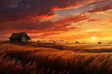 Fototapeta premium Sunset on a wheat field with a peasant hut