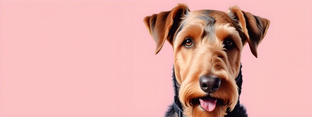 Studio portraits of a funny Airedale dog on a plain and colored background. Creative animal...