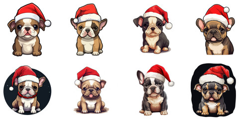 collection of various, cute kawaii small vector french bulldog puppy in santa hat without background for christmas postcard cartoon character style 