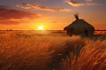 Sunset on a wheat field with a peasant hut - obrazy, fototapety, plakaty