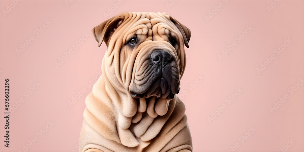 Wall mural studio portraits of a funny shar pei dog on a plain and colored background. creative animal concept,