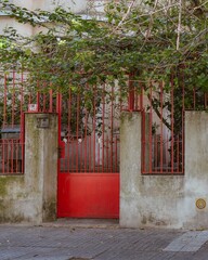Puerta roja de casa antigua cubierta con en regadera verde sobre las rejas 