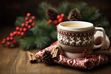 Obraz na płótnie Canvas Christmas Sweater Background. Rustic Christmas Gift Wrapping with Beautiful Coffee Cup, Chocolate, and Celebration Card.