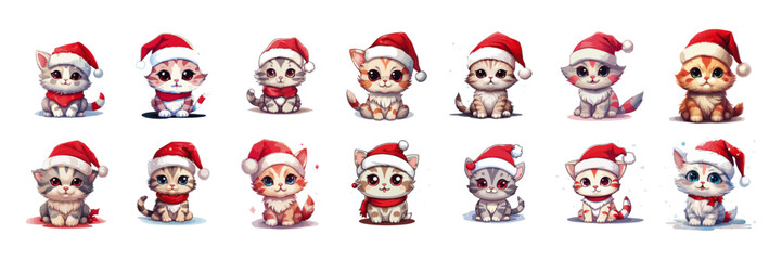 collection of various cute kawaii vector kitten in santa's hat without background cartoon character style for christmas xmas postcard