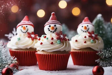 Fototapeta na wymiar Festive Holiday Cupcakes. Delicious Christmas and New Year Cupcakes with Festive Decorations on Confectionery Mastic Background