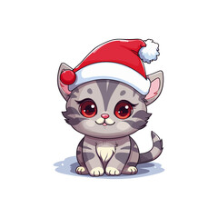 cute kawaii vector kitten in santa's hat without background cartoon character style for christmas xmas postcard