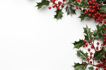Merry Christmas Holly - Festive Flatlay with Spruce Branches, Red Berries, and Space for Text on White Background