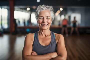 Portrait of senior woman working out gym fitness, fitness concept. Senior healthy lifestyle with...