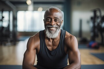Fototapeta na wymiar Portrait of smiling senior man sitting on yoga mat in fitness studio
