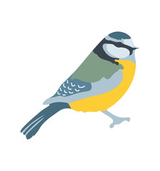 Bird with yellow, gray and blue feathers and short beak. Isolated on white background. Vector cartoon illustration in childish style.