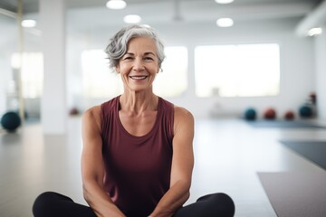 Portrait of smiling senior woman sitting on yoga mat in fitness studio