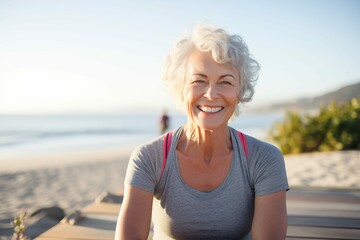 Portrait of smiling senior woman sitting on yoga mat on the beach