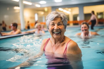 Fototapeta premium Elderly women doing exercise in swimming pool, seniors practicing water aerobics in pool. 