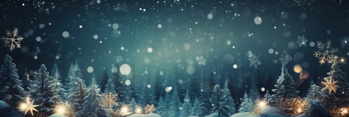 Snowy winter scene with frosted spruce branches, bokeh christmas lights, and space for text.