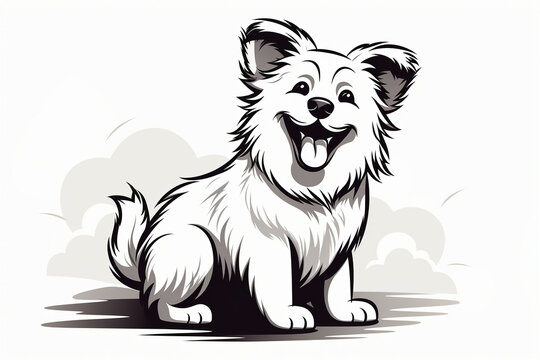 Monochromatic thick line doodle, Flat minimal 2D illustration, of a happy dog turned sideways, asking for food, looking up, abstract, minimalistic, vector art, white background, white space, white and