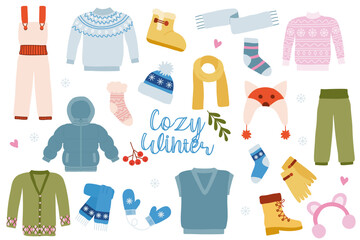 Set of cozy warm winter clothes and accessories, stay warm concept, vector
