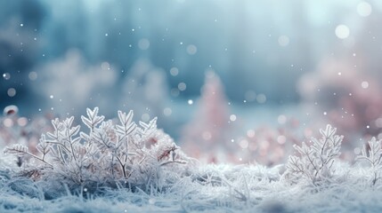 Fototapeta na wymiar Wintry background with frosted spruce branches, snow drifts, bokeh christmas lights, and text space