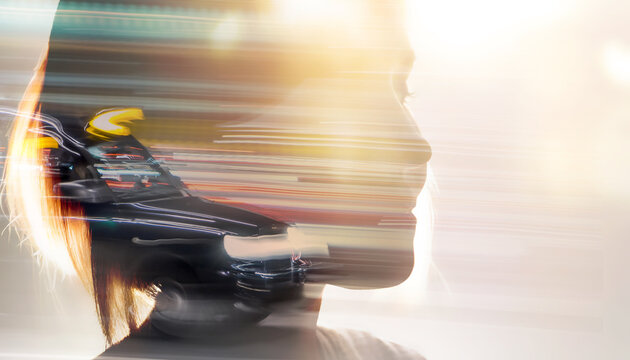 Double exposure of woman and fast london taxi