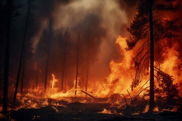 image of a massive blaze engulfing a dense woodland. Generative AI