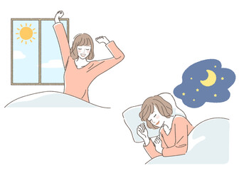 Set of Illustrations of a Woman Waking Up.