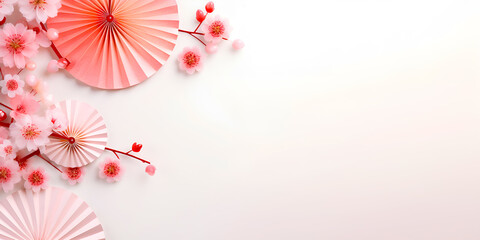 Lunar or Chinese New Year Banner with Traditional Paper Fans and Real Sakura Flower Blooms Branches on  Background with copy space for text. Generative ai