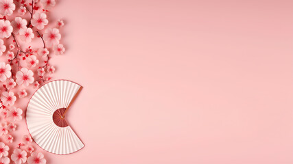 Lunar or Chinese New Year Banner with Traditional Paper Fans and Real Sakura Flower Blooms Branches on  Background with copy space for text. Generative ai