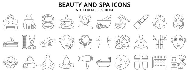 Beauty and spa icons. Beauty and spa icon set. Beauty and spa line icons. Vector illustration. editable stroke.
