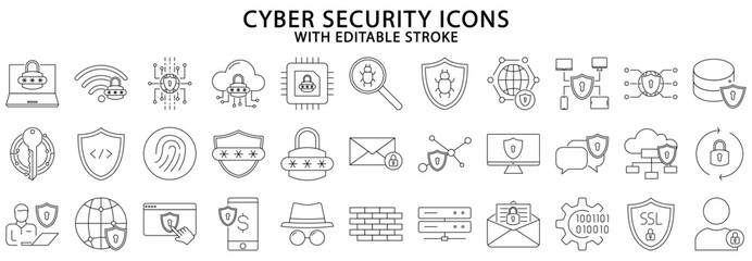 Cyber security icons. Cyber security icon set. Cyber security line icons. Vector illustration. Editable stroke. - obrazy, fototapety, plakaty