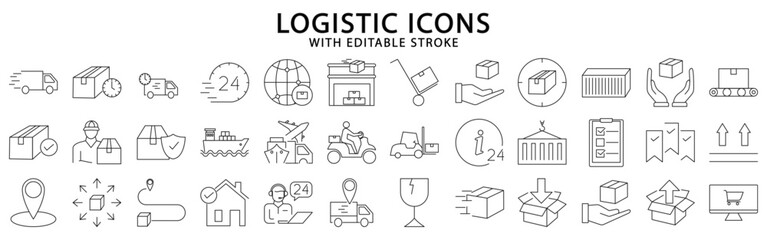 Logistic icons. Logistic icon set. Logistic line icons. Vector illustration. Editable stroke.