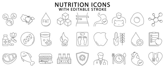 Nutrition icons. Nutrition icon set. Nutrition line icons. Vector illustration. Editable stroke.